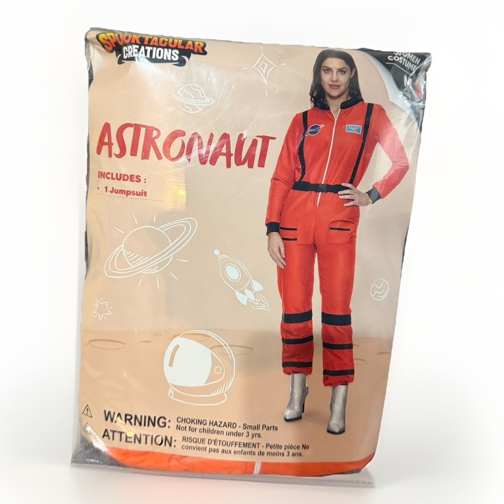 Astronaut Halloween Costume Orange Adult Women's Size M Jumpsuit Embroidered‎